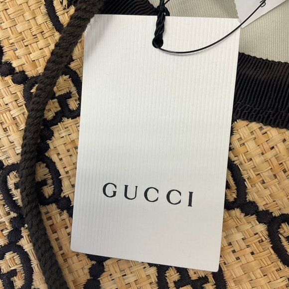 Gucci Mustard / Dark Brown Unisex GG Raffia Wide Brim Hat - Picture 9 of 11